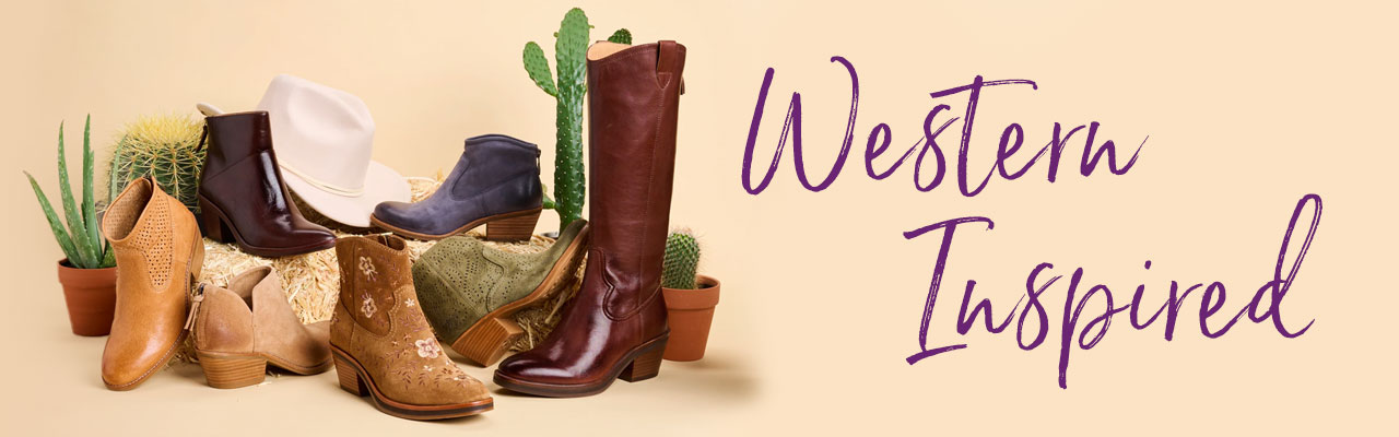 Western Inspired. A collection of various S&ouml;fft shoe styles displayed with a cowboy hat and cactus.